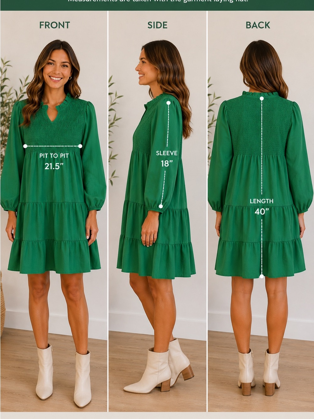 Emerald Green Smocked Tiered Dress Size Large Boho Cottagecore.